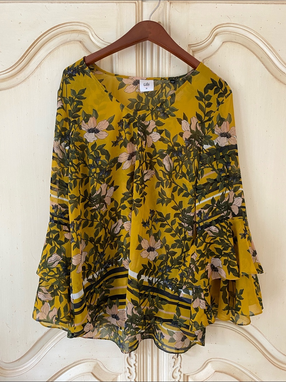 CAbi Sheer Mustard Floral Ruffled Bell-Sleeve Blouse